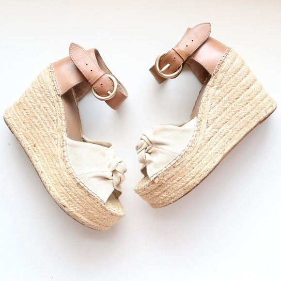 Marc Fisher Shoes - Marc Fisher Beige Leather & Canvas Platform Espadrille Ankle Strap Sandals 6.5